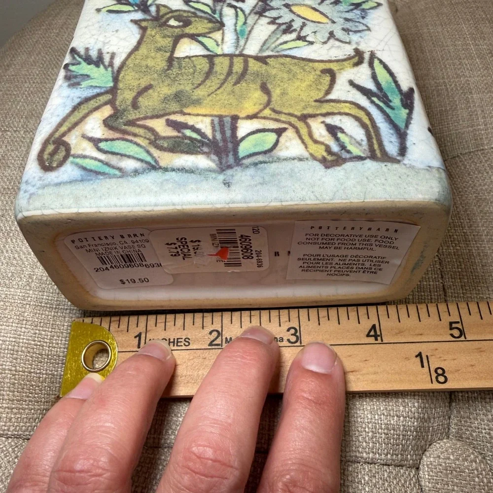 Pottery Barn Mini Iznik Square Vase Crackle Glaze Deer Birds Floral Stoneware